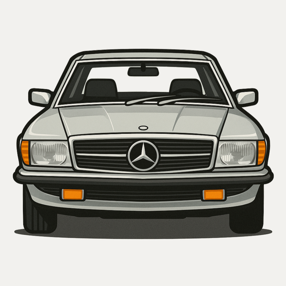 Illustration of a Mercedes-Benz car front view on a light gray background