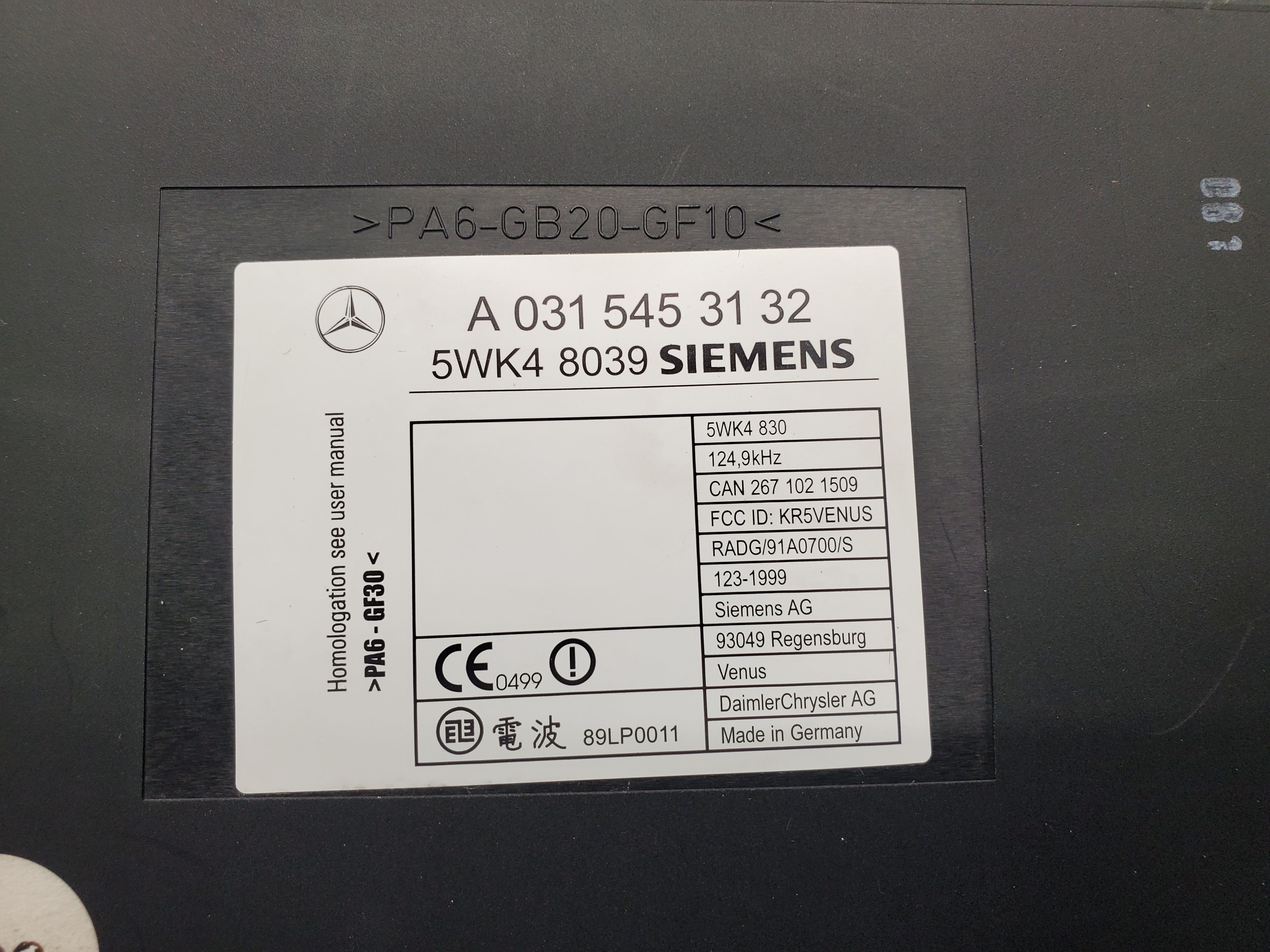 1530 Mercedes-Benz W220 S430 Keyless Go Control Module 0315453132