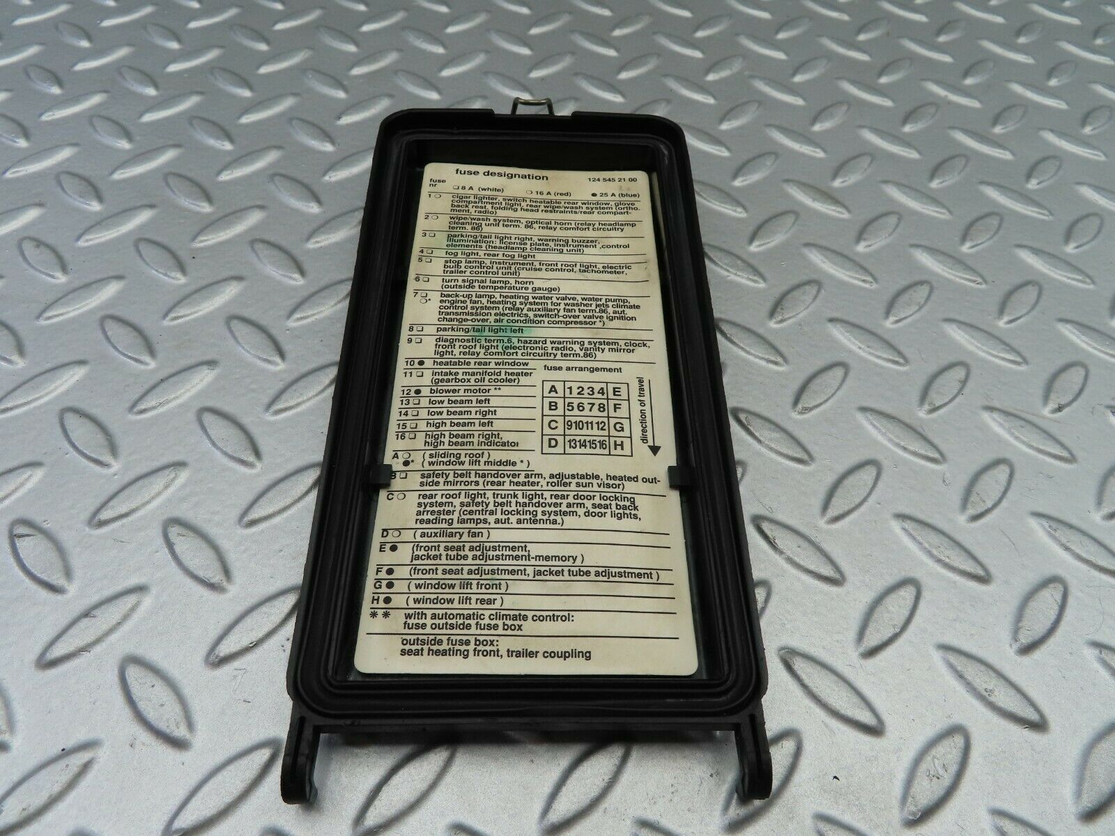 6675 Mercedes-Benz S124 E220 Wagon Fuse Box Cover Panel Lid 1245400182