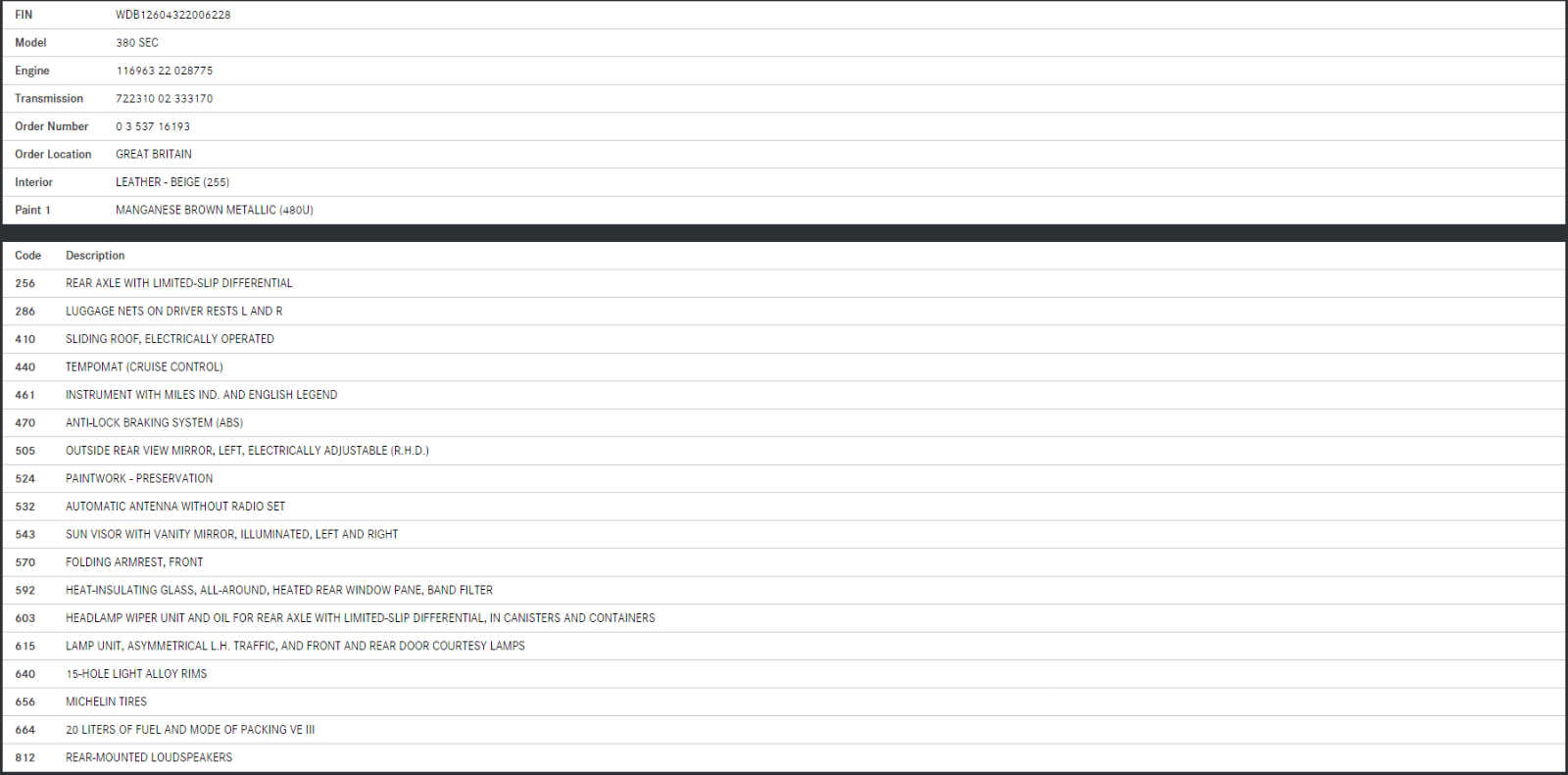 34305 Mercedes-Benz C126 380SEC Coupe Rear Dome Light 1268200101