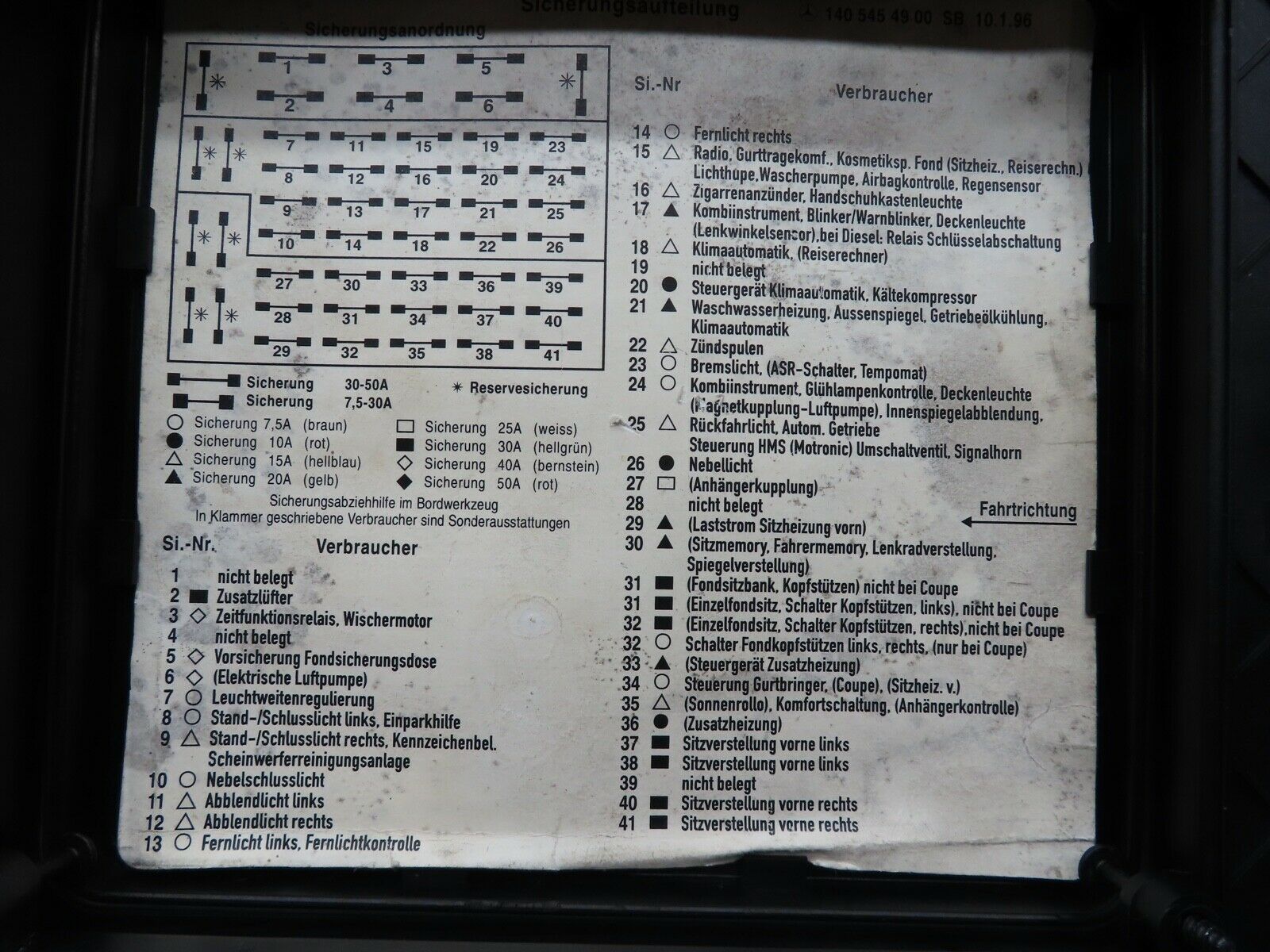 19684 Mercedes-Benz C140 CL420 Coupe Fuse Box Lid 1405450173