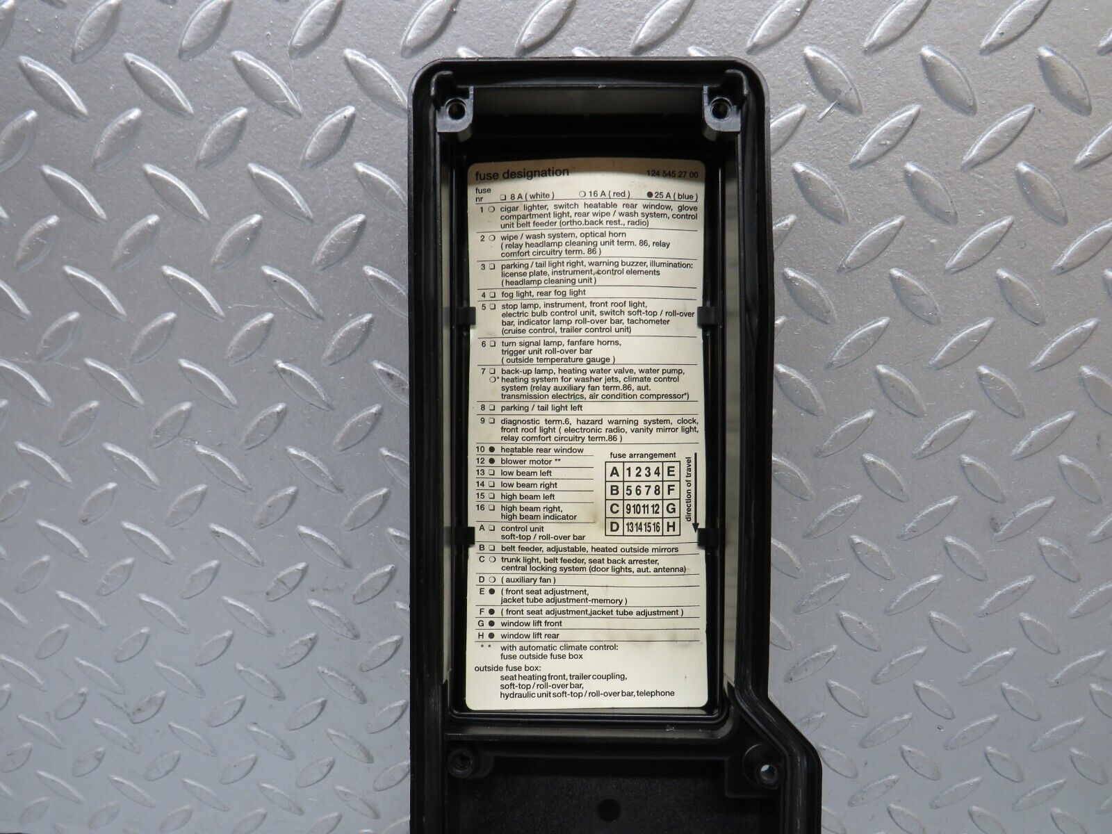 37959 Mercedes-Benz A124 320E Cabriolet Fuse Box Lid 1245452700 1245400282 1245400182