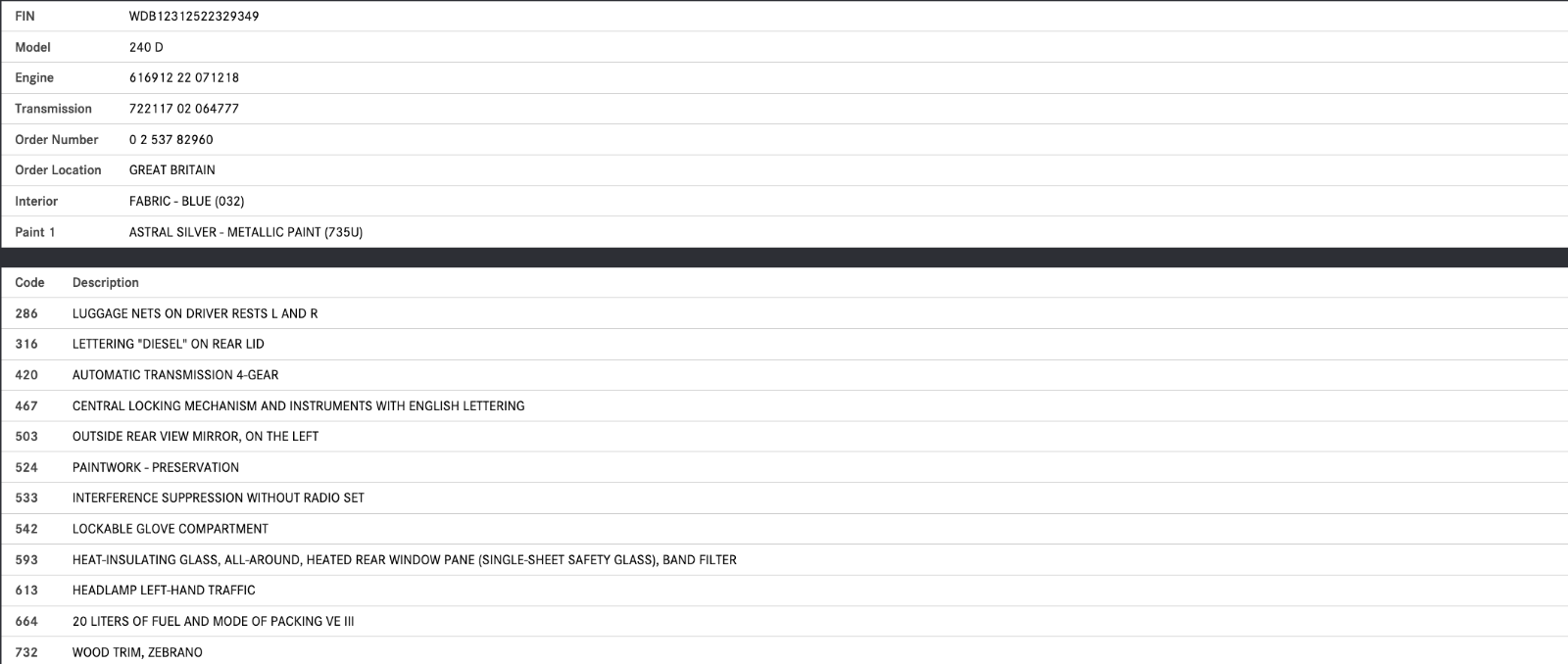 40065 Mercedes-Benz V123 240D LWB Bonnet