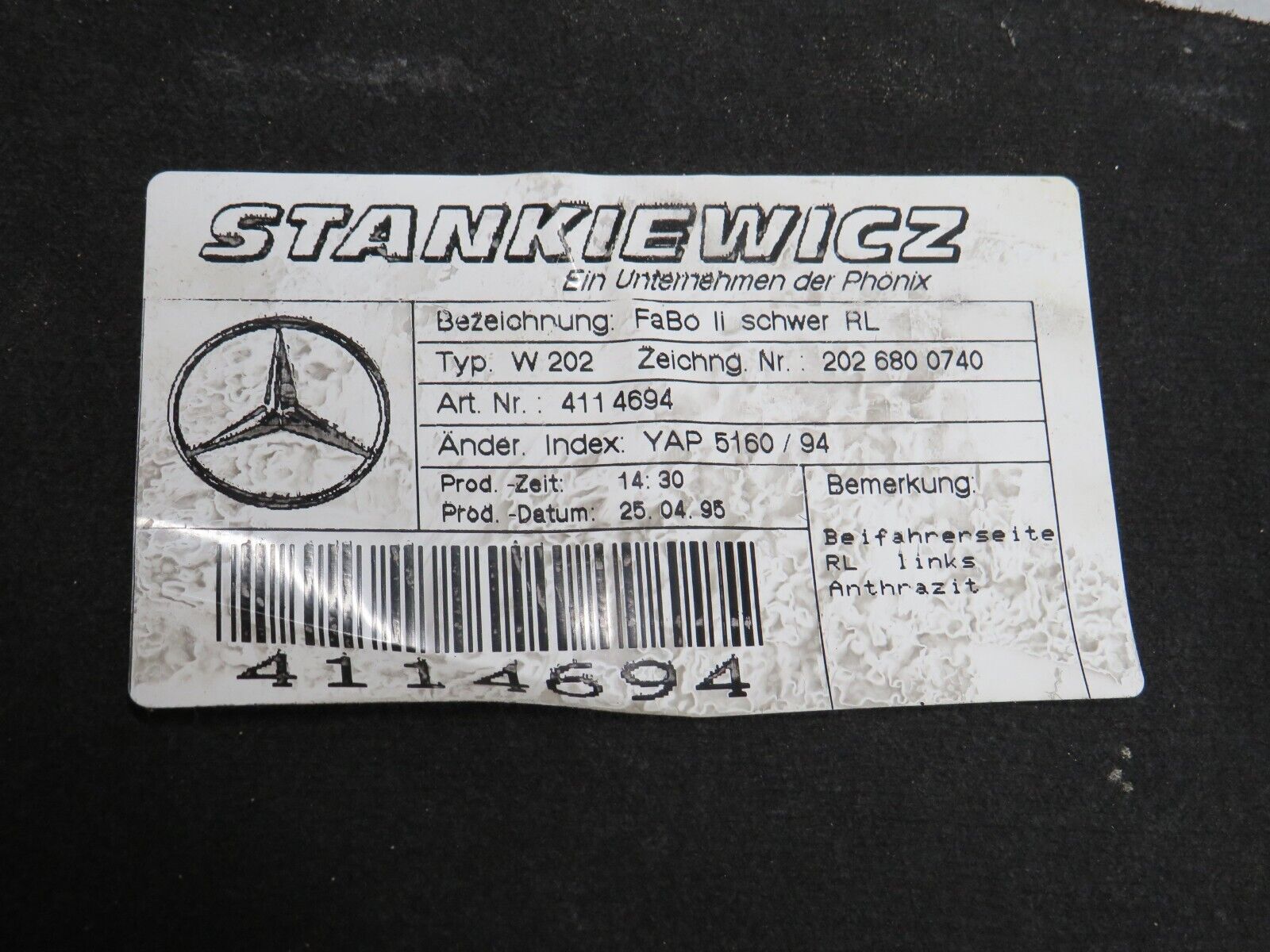 33299 Mercedes-Benz W202 C180 Front Left Floor Carpet 2026800740