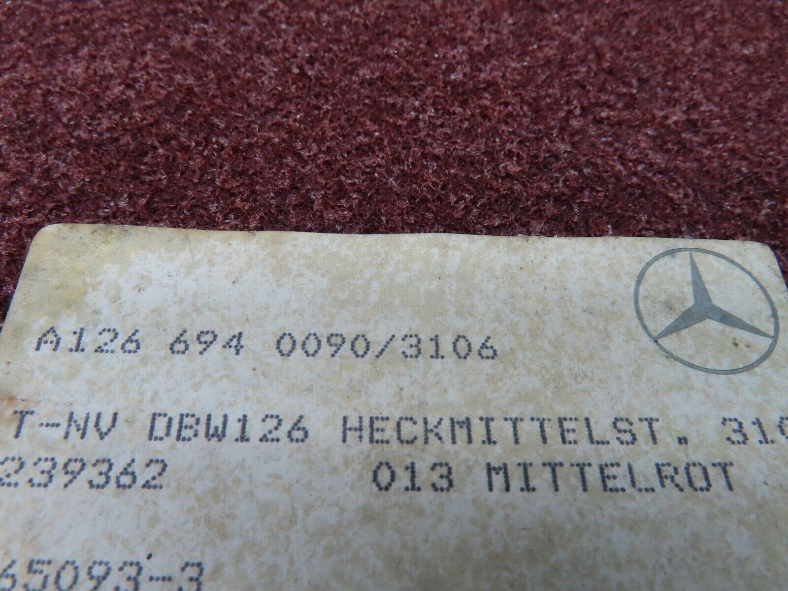 21499 Mercedes-Benz W126 300SE Boot Rear Carpet Cover Burgundy Red 1266940090