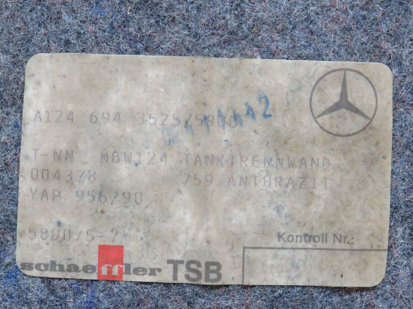 25731 Mercedes-Benz W124 280E Fuel Tank Cover Plate Carpet 1246943525