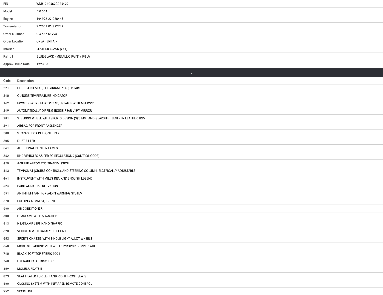 37939 Mercedes-Benz A124 320E Cabriolet Accelerator Pedal Linkage 2013010218
