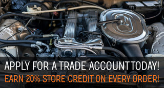 Engine compartment with text overlay promoting a trade account offer.